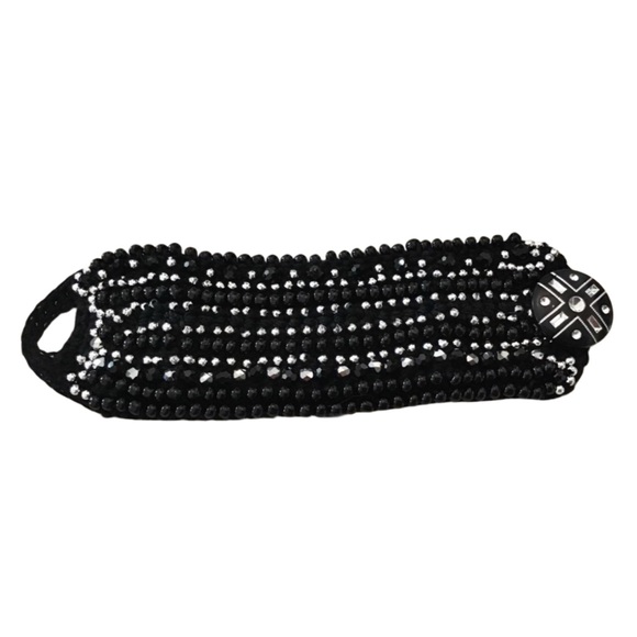 Black and Silver Crochet Beaded Cuff Bracelet